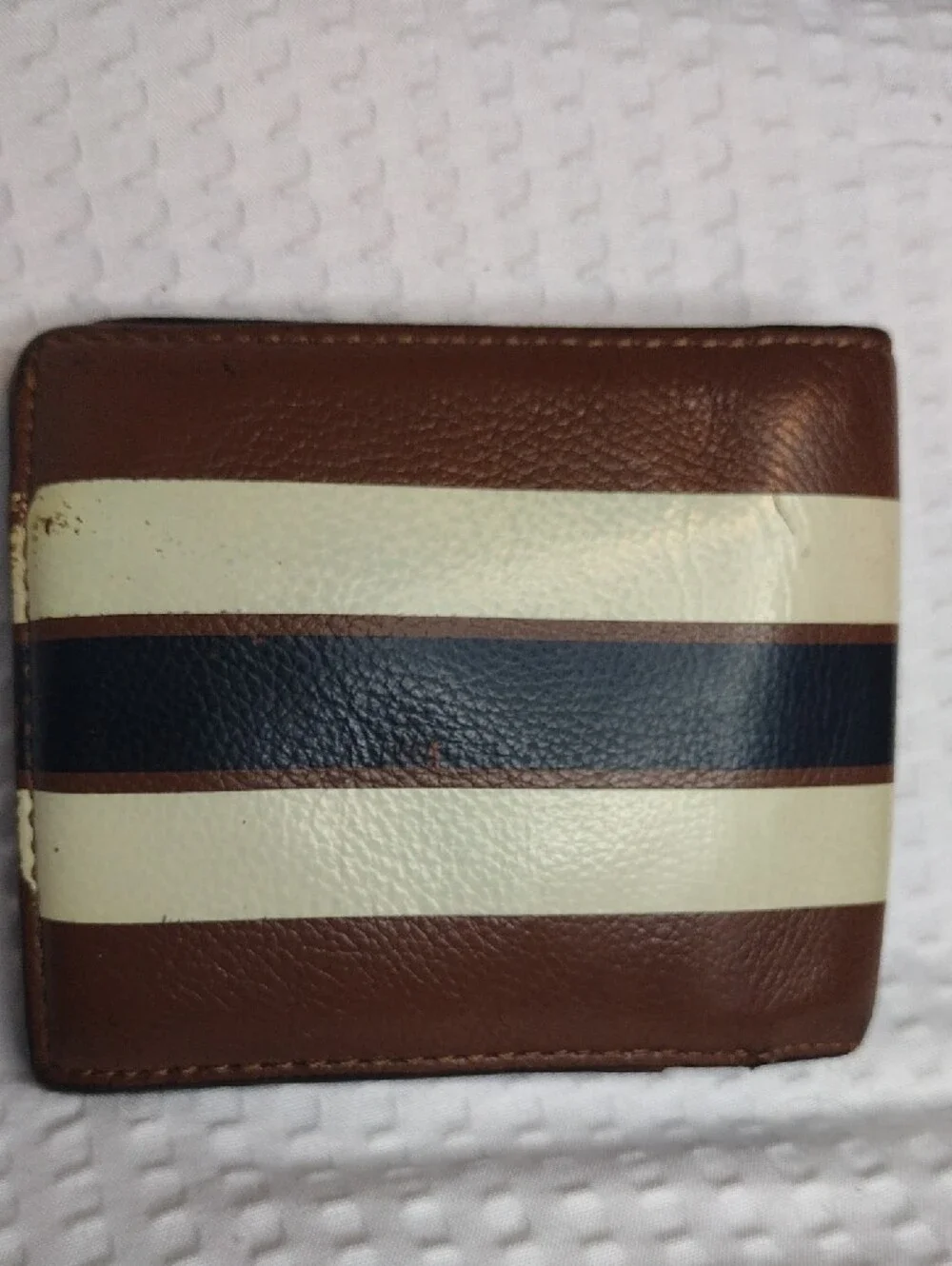 Coach Brown Leather Bifold Wallet with Cream and Navy Stripes F26171
